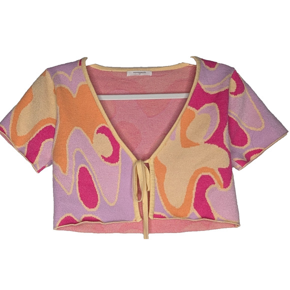 Pepper Mayo On the Record Psychedelic Boho Retro Crop Knit Tie Front Top M/L - Picture 4 of 11